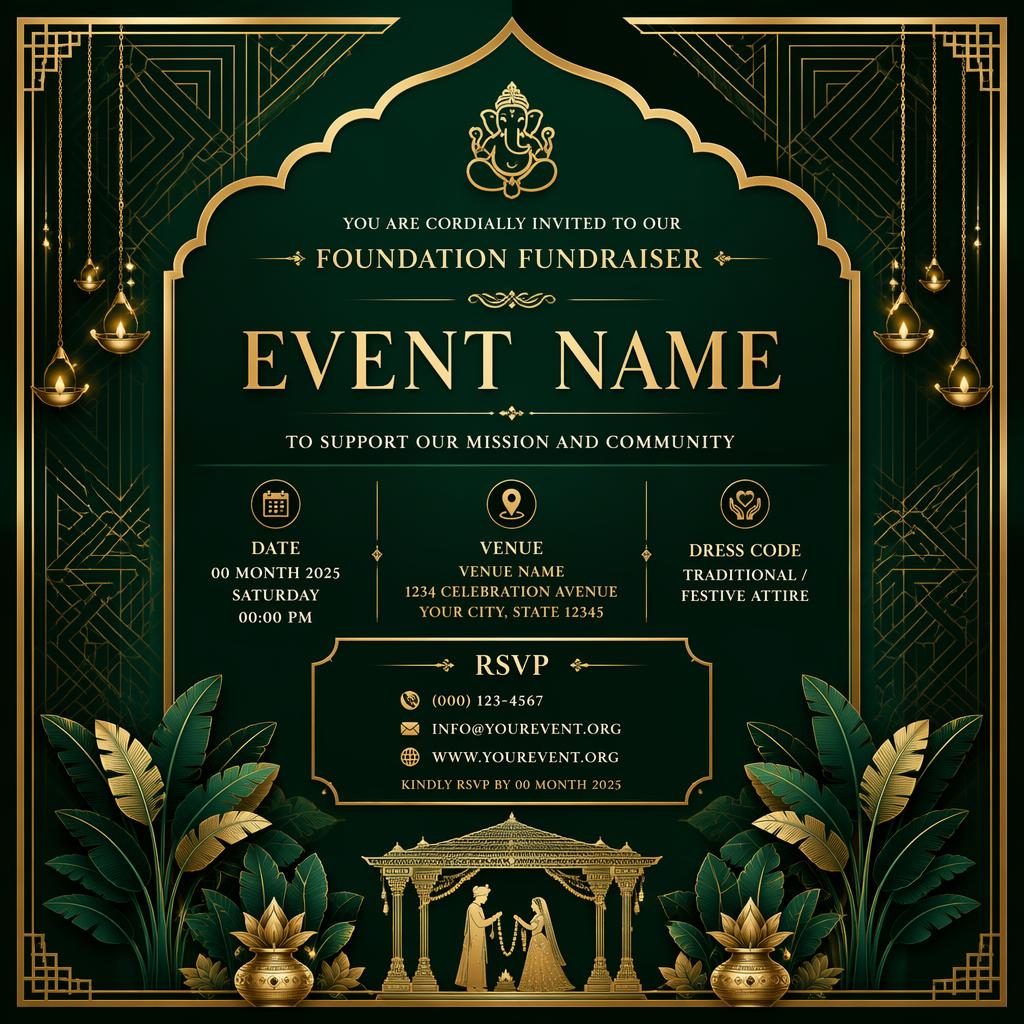 A5 portrait event invitation card in emerald and gold with sleek art deco framing and elegant placeholder typography for name, date, venue, and RSVP.