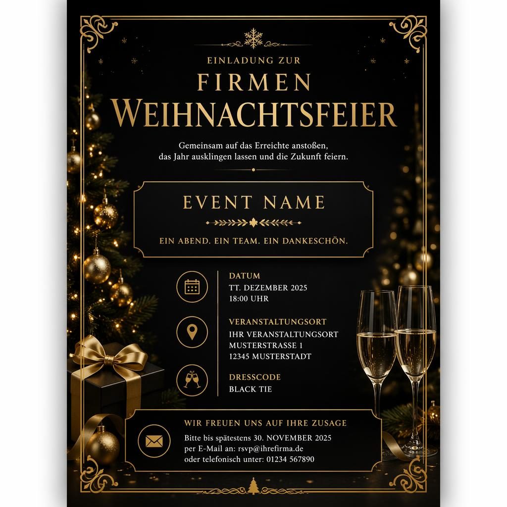Formelle A5-Einladung in Schwarz und Gold mit eleganter Typografie für Eventname, Datum, Venue und RSVP.