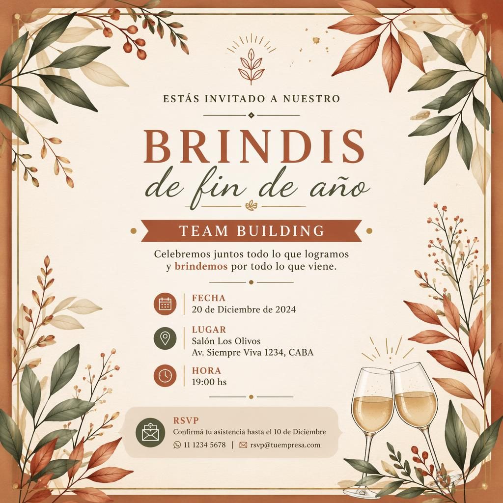 Tarjeta A5 vertical con ilustración botánica, tipografía elegante y datos de evento, fecha, sede y RSVP legibles.