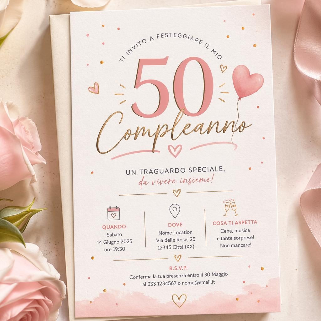 Mockup fotorealistico di invito A5 verticale per compleanno anniversario, palette pastello romantica e dettagli RSVP