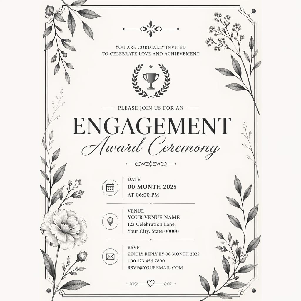 A5 portrait invitation card with botanical illustrations, monochrome palette, and elegant placeholder event details.