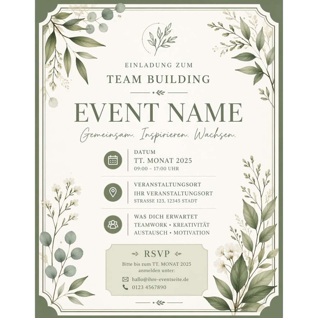 Botanische A5-Einladungskarte in Salbei und Elfenbein mit eleganter Typografie für Eventname, Datum, Ort und RSVP.