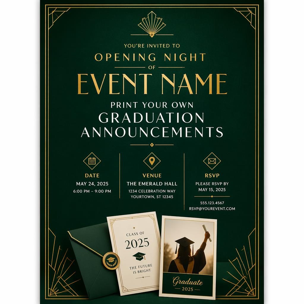 A5 portrait event invitation card in modern minimal art deco style with emerald and gold typography and readable placeholder details.