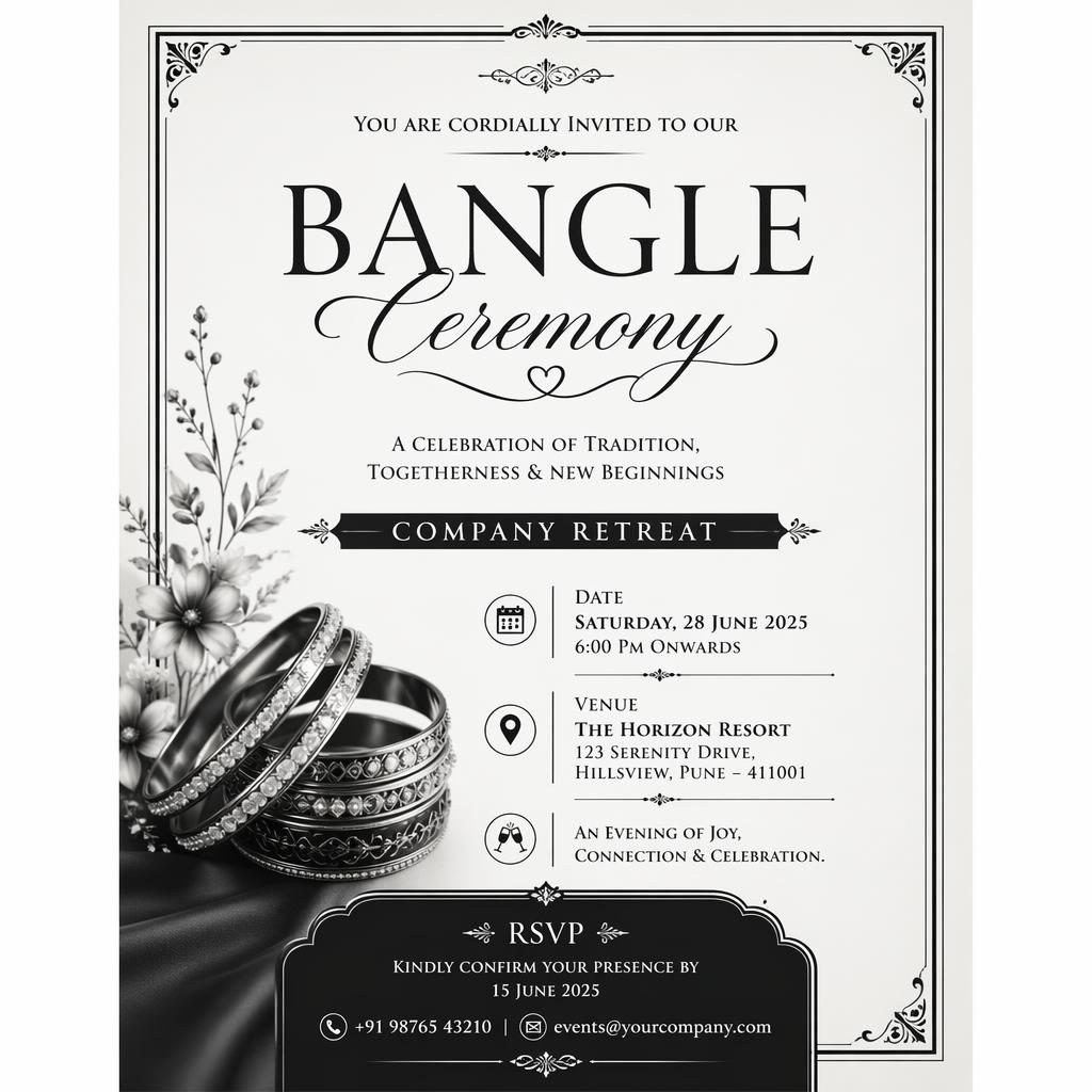 A5 portrait event invitation card in minimal monochrome style with elegant typography for event name, date, venue, and RSVP.