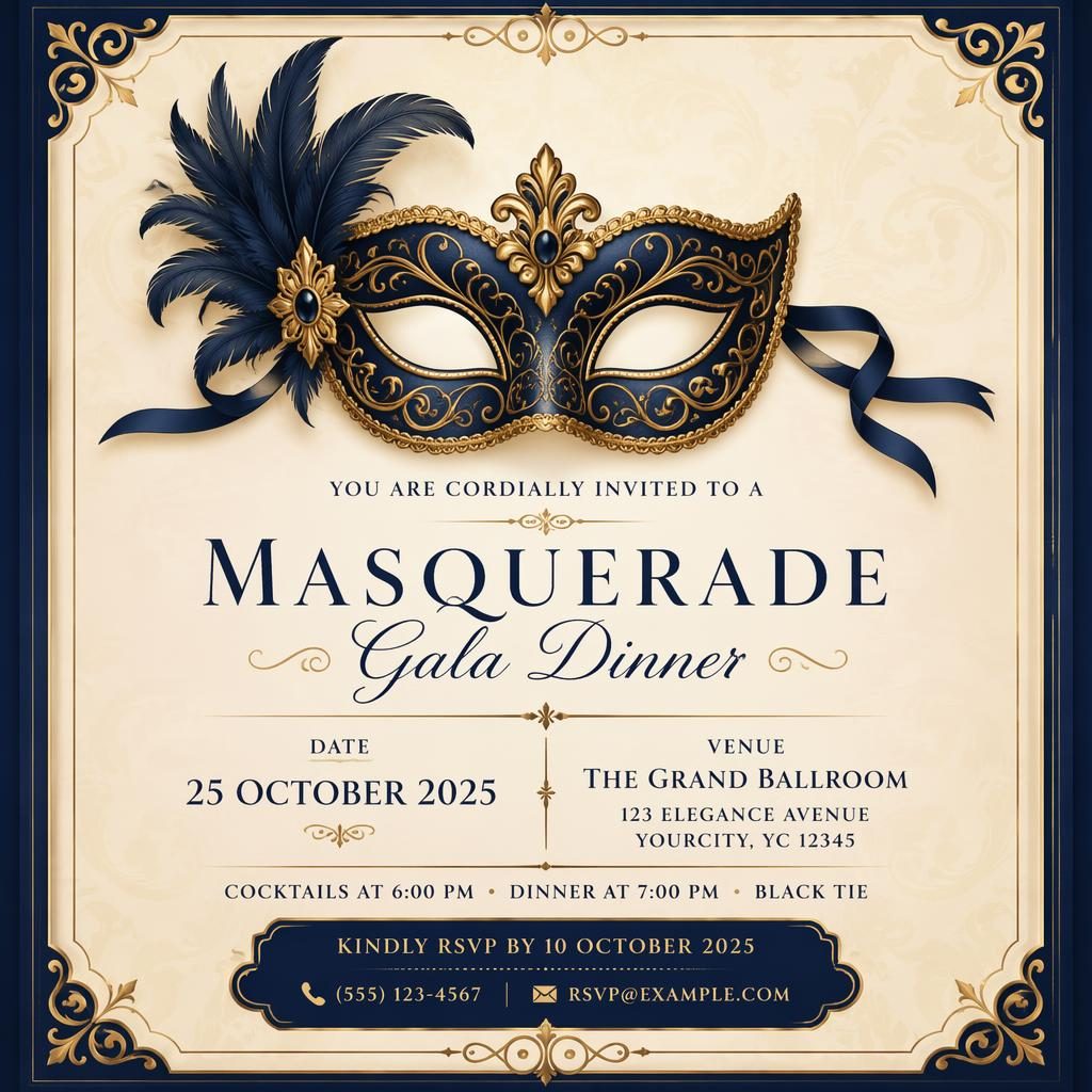 A5 portrait gala dinner invitation card in cream and navy with elegant typography, tasteful frame, and readable placeholders