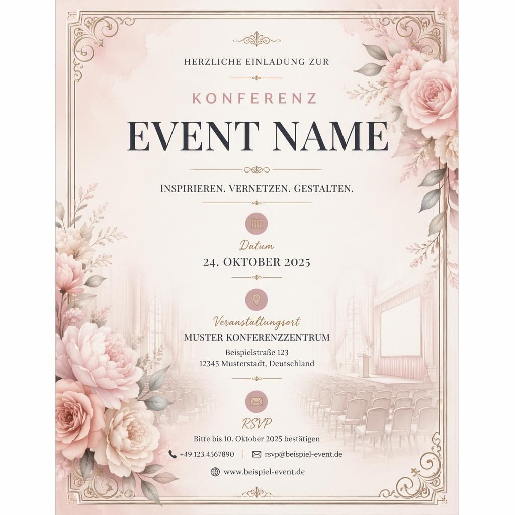 A5-Hochformat-Einladungskarte für eine Konferenz in Pastelltönen mit eleganter Typografie für Name, Datum, Venue und RSVP