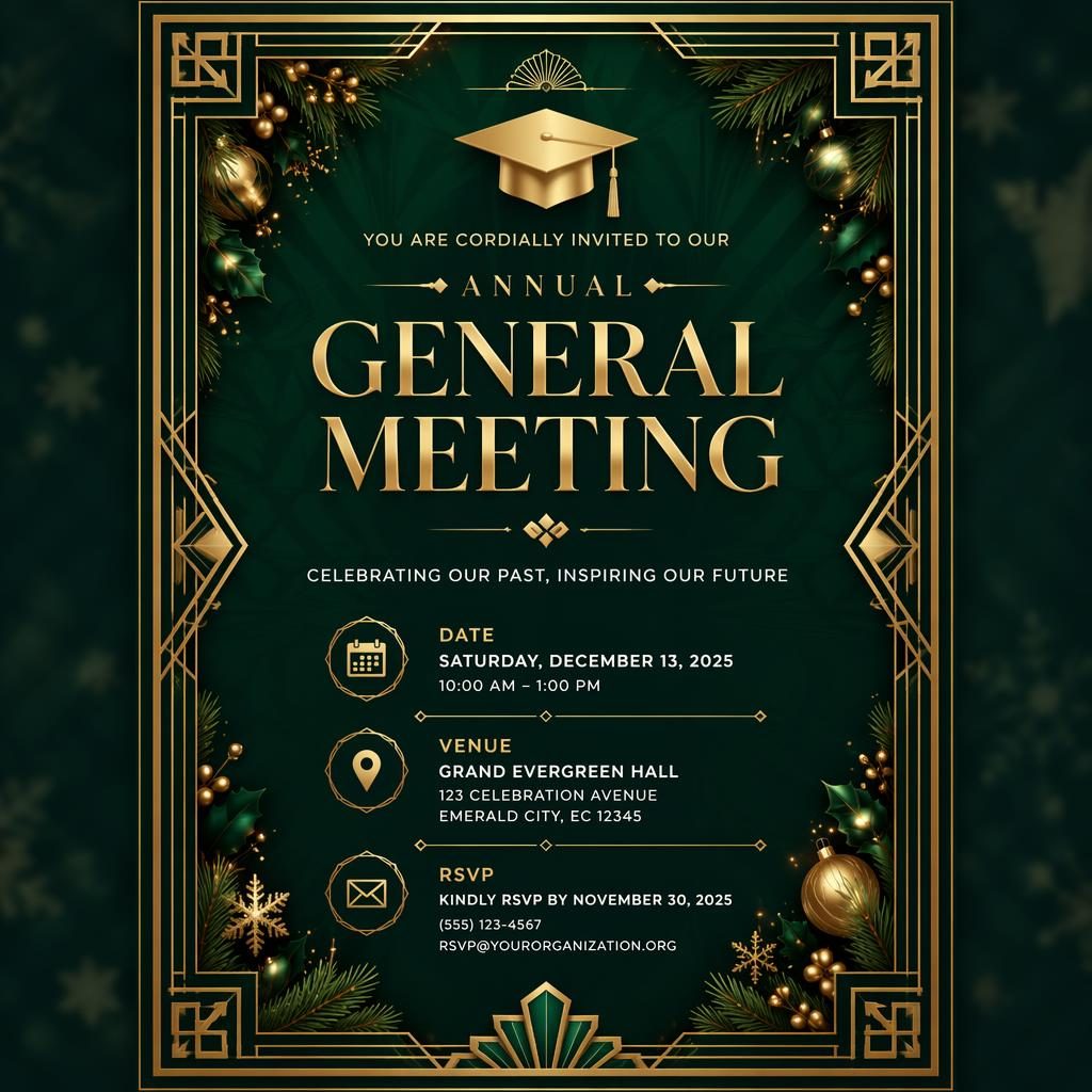 A5 portrait event invitation card with emerald and gold art deco framing and elegant typography for event name, date, venue, and RSVP.