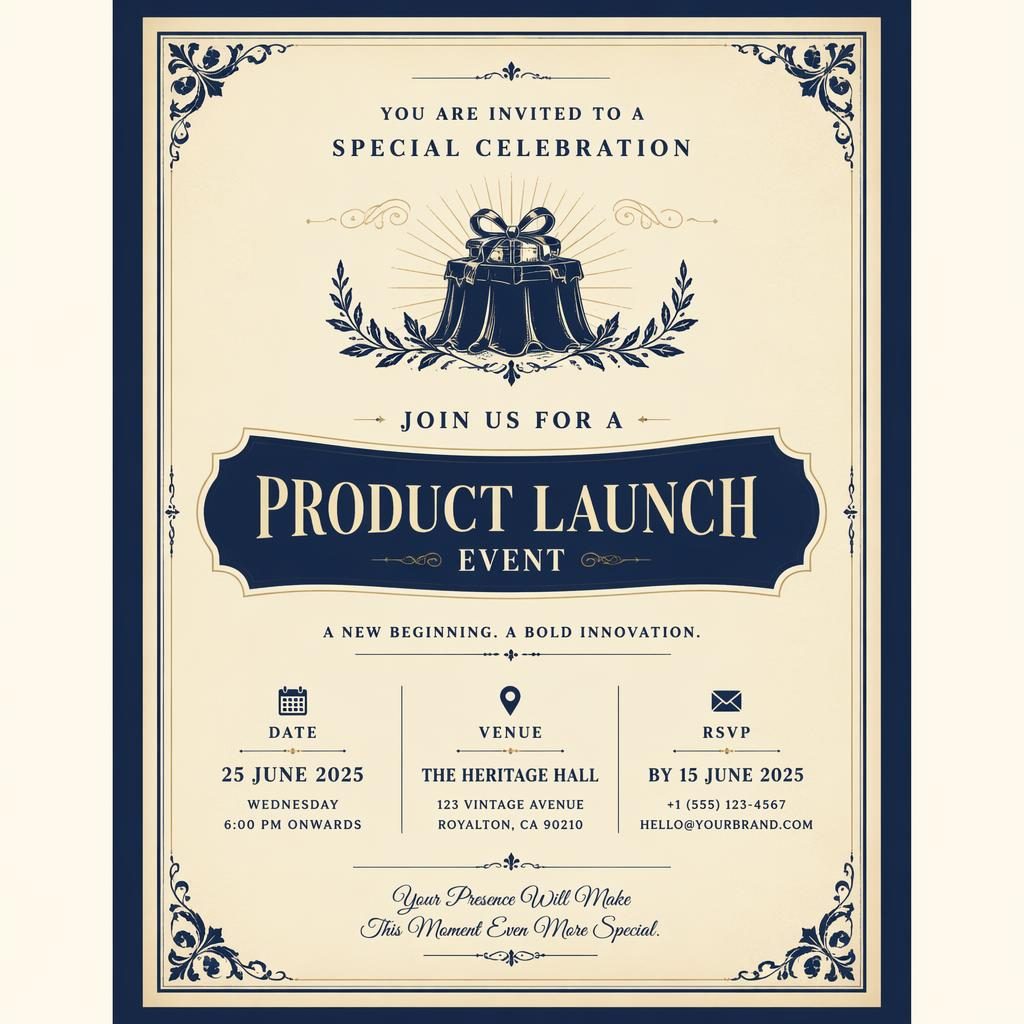A5 portrait event invitation card in cream and navy with elegant vintage typography and framed placeholder details.
