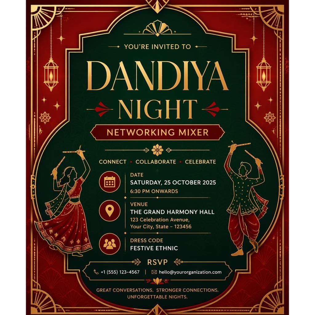 A5 portrait art deco invitation card in red and green with elegant typography for event name, date, venue, and RSVP details.