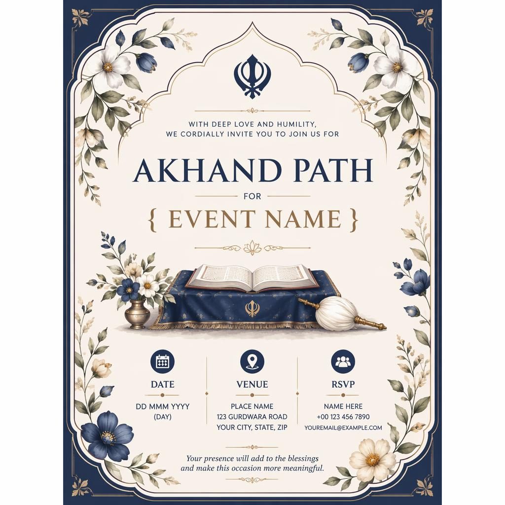 A5 portrait invitation card with botanical illustrations, cream and navy palette, elegant placeholder typography, framed layout.