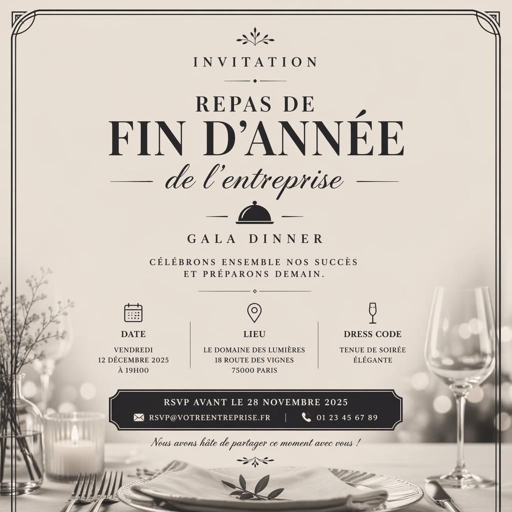 Carte d’invitation A5 portrait pour gala d’entreprise, palette monochrome chaude, typographie élégante avec date, lieu et RSVP.