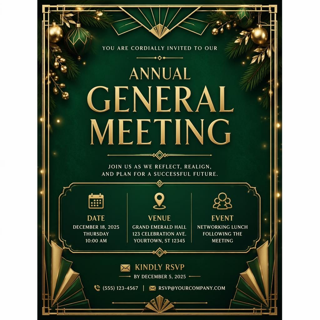 A5 portrait conference invitation card in emerald and gold art deco style with elegant placeholder event details and festive framing.