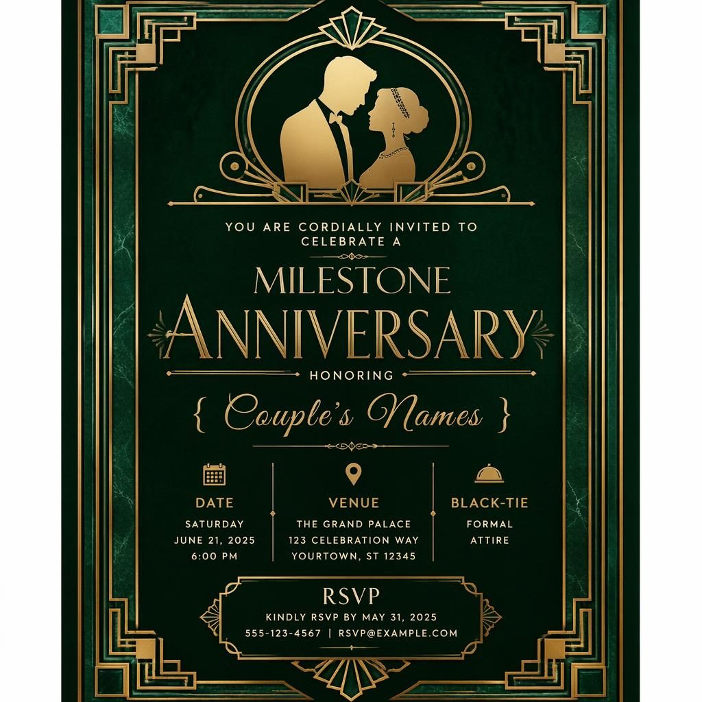 A5 portrait anniversary invitation card with emerald and gold art deco frame and elegant black-tie typography placeholders.
