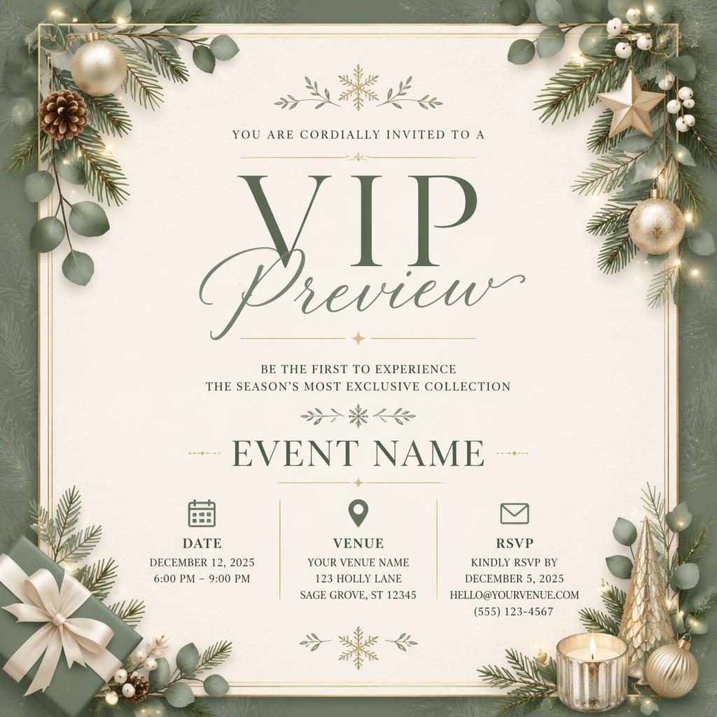 A5 portrait VIP preview invitation card in sage and ivory with festive framing and elegant placeholder event details.