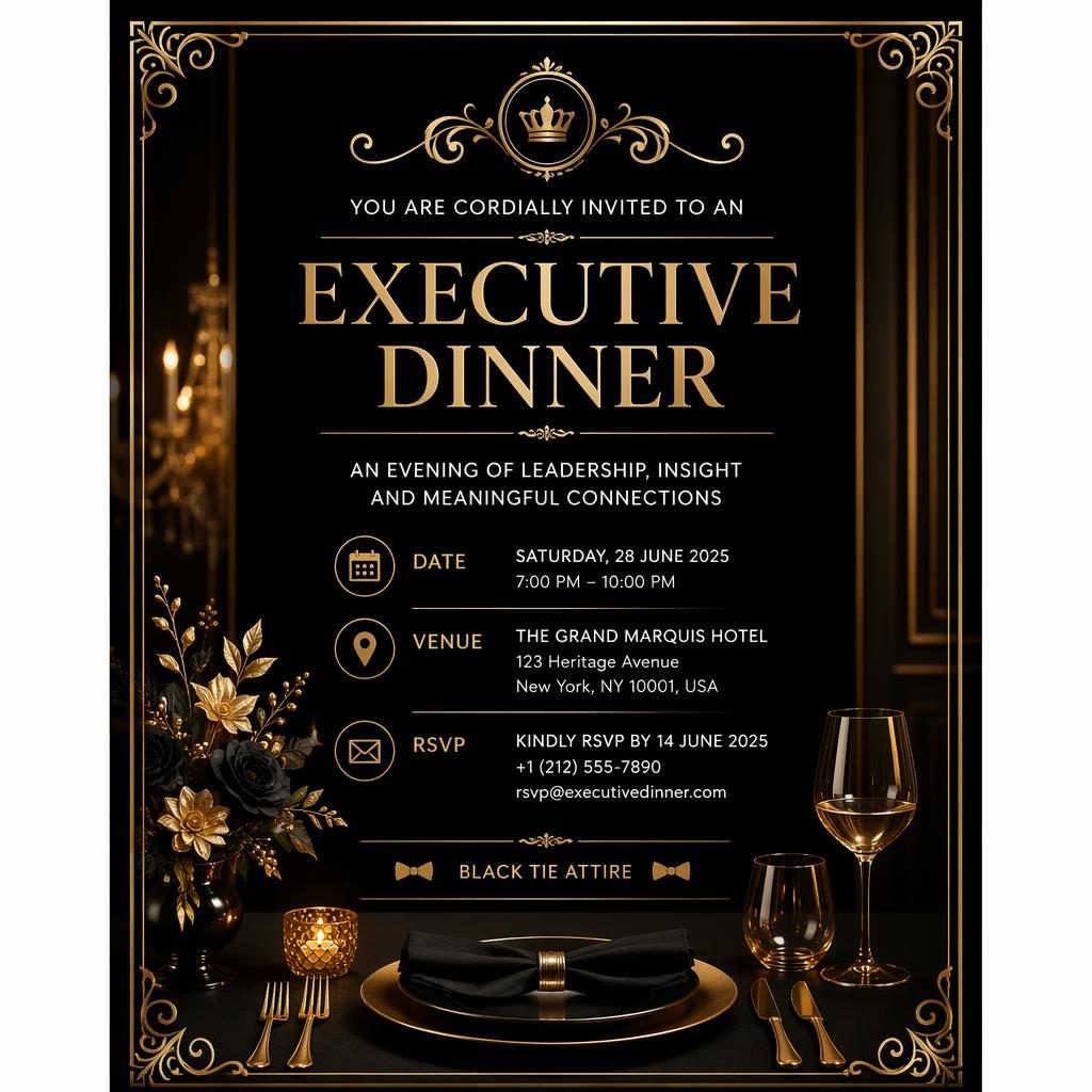 A5 portrait executive dinner invitation card in black and gold with elegant typography for event name, date, venue, and RSVP.