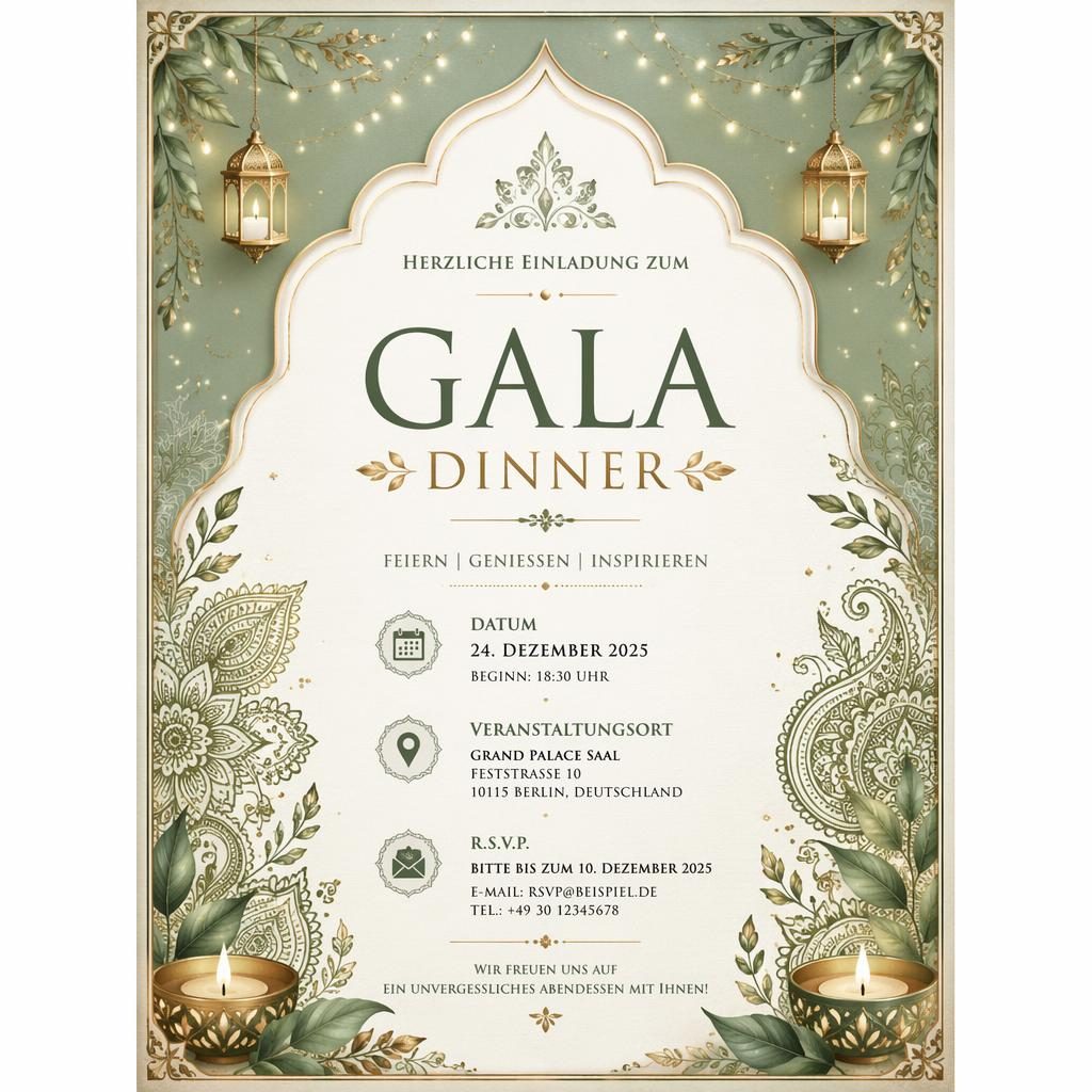 A5-Hochformat-Einladungskarte für ein Gala Dinner in Salbei und Elfenbein mit eleganter Typografie und festlichem Rahmen