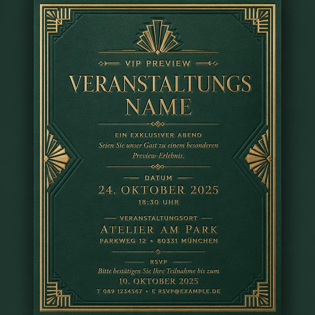 A5-Einladungskarte im Hochformat in Smaragd und Gold mit eleganter Typografie, Rahmen und gut lesbaren Platzhaltern.