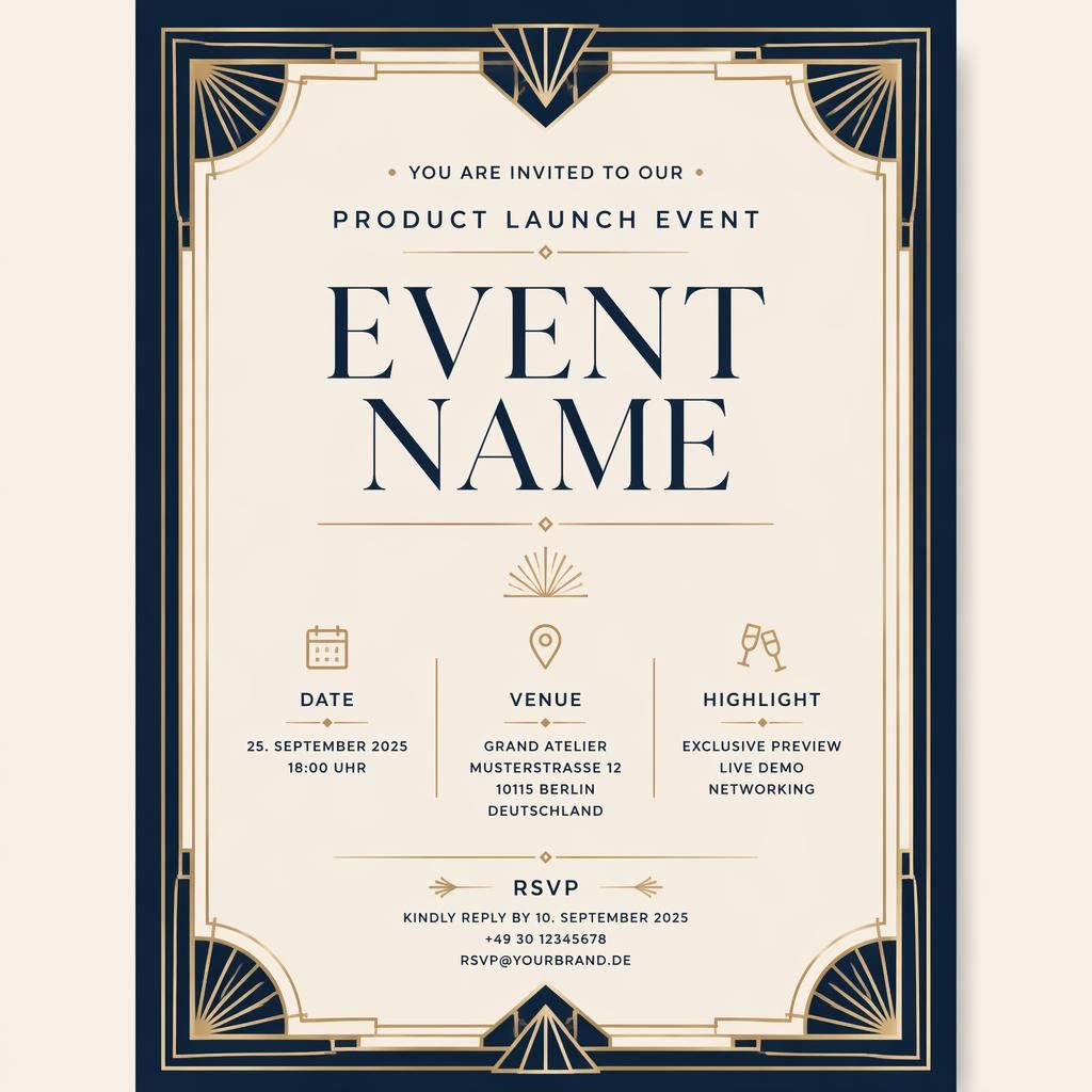 A5-Hochzeitseinladung im Art-Déco-Stil in Creme und Navy mit eleganter Typografie für Name, Datum, Ort und RSVP