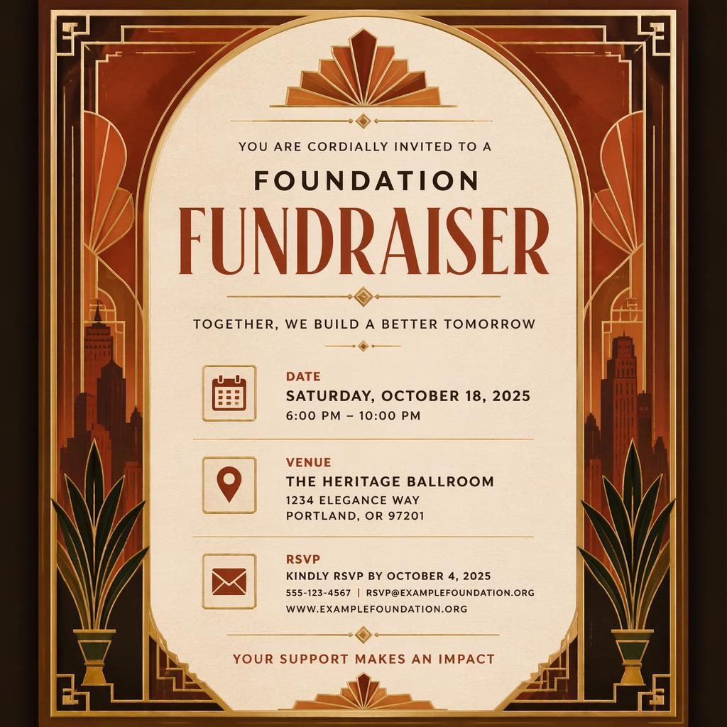 A5 portrait art deco invitation card in warm earth and rust tones with elegant placeholder event name, date, venue, and RSVP.