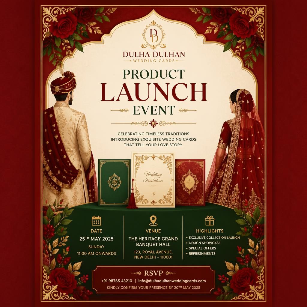 A5 portrait luxury event invitation card in red and green with elegant typography for event name, date, venue, and RSVP.