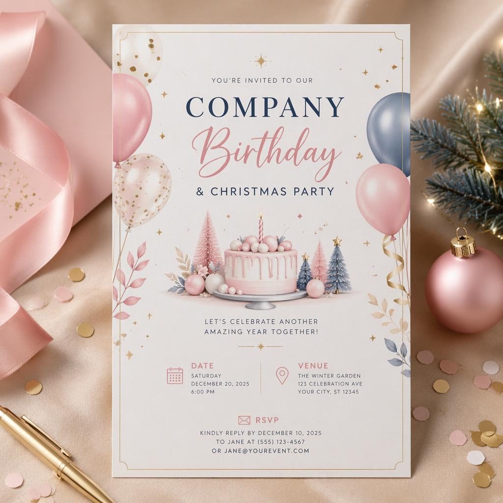 Mockup fotorealistico di invito A5 verticale per compleanno aziendale natalizio con palloncini, coriandoli e dettagli RSVP