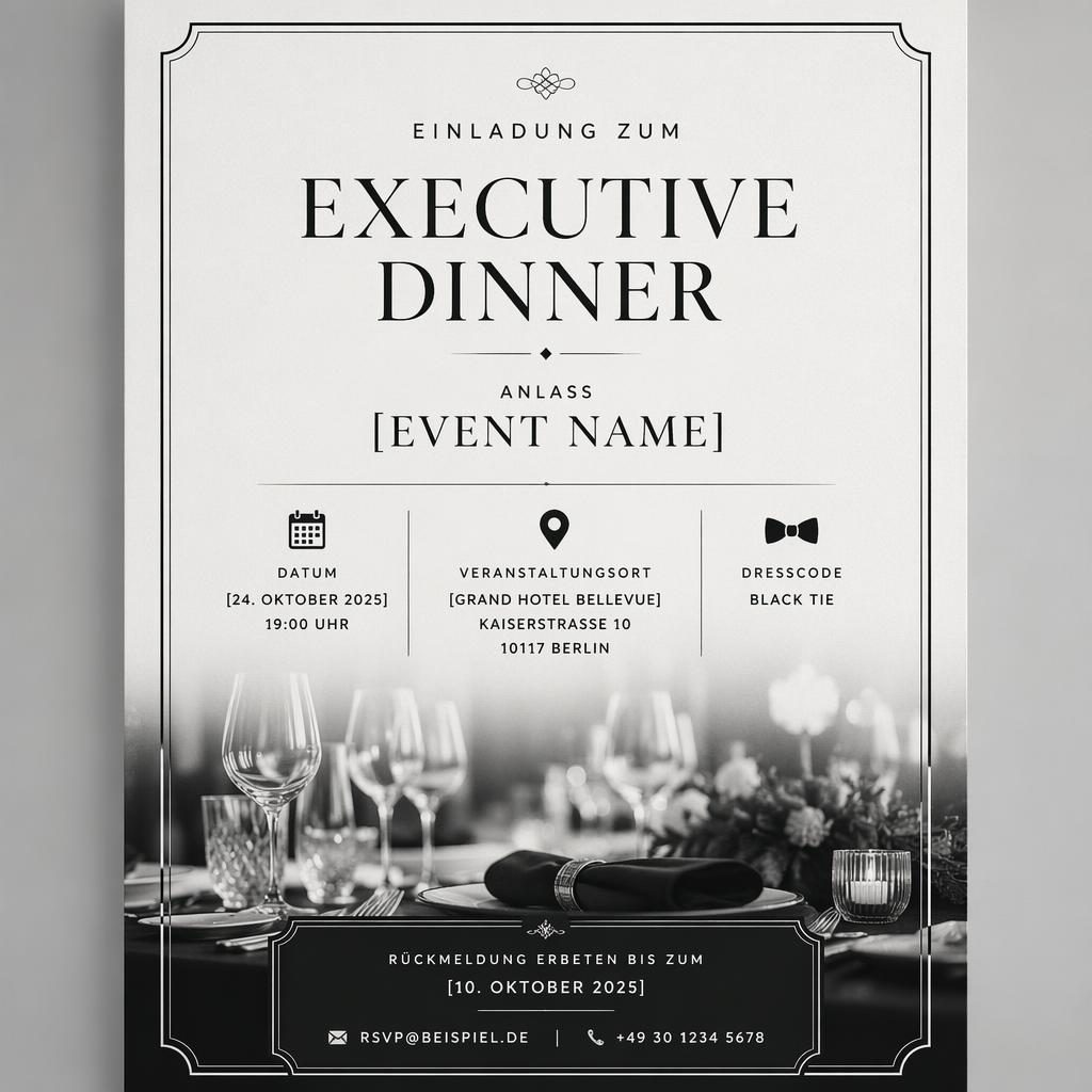 Formale A5-Einladungskarte im Hochformat, monochrom, mit eleganter Typografie für Eventname, Datum, Venue und RSVP.