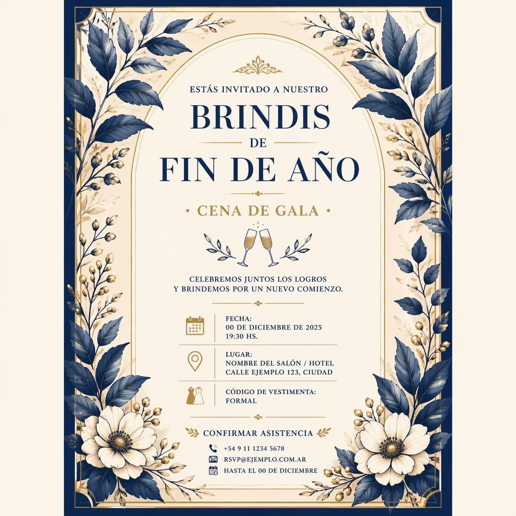 Tarjeta A5 vertical de gala con ilustración botánica en crema y azul marino, tipografía elegante y marco clásico.