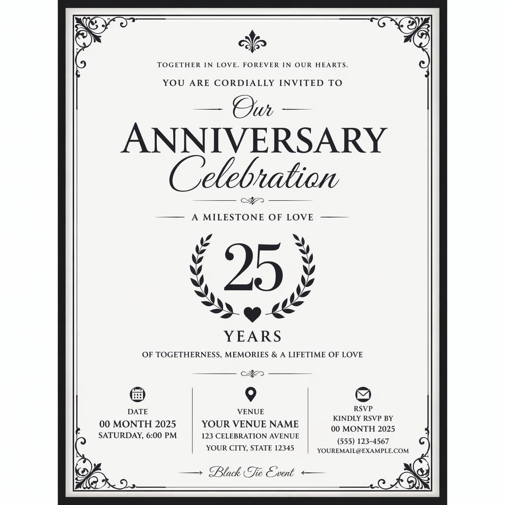 A5 portrait black-tie event invitation card in monochrome with elegant typography for event name, date, venue, and RSVP.