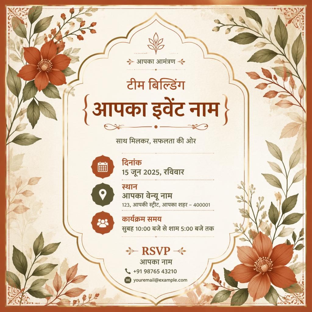 A5 portrait team building invitation card with botanical illustrations, rust and earth tones, and elegant readable placeholder details.