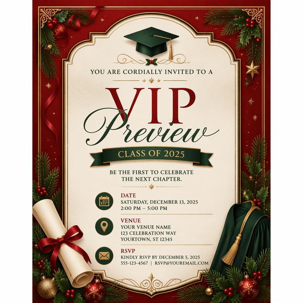 A5 portrait event invitation card with festive red and green palette, elegant typography, and readable date, venue, and RSVP placeholders.