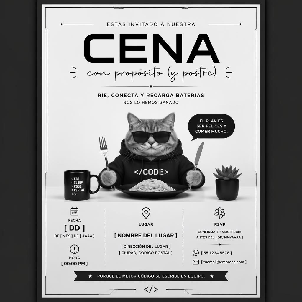 Tarjeta de invitación A5 vertical en monocromo minimalista con tipografía elegante para nombre, fecha, lugar y RSVP.