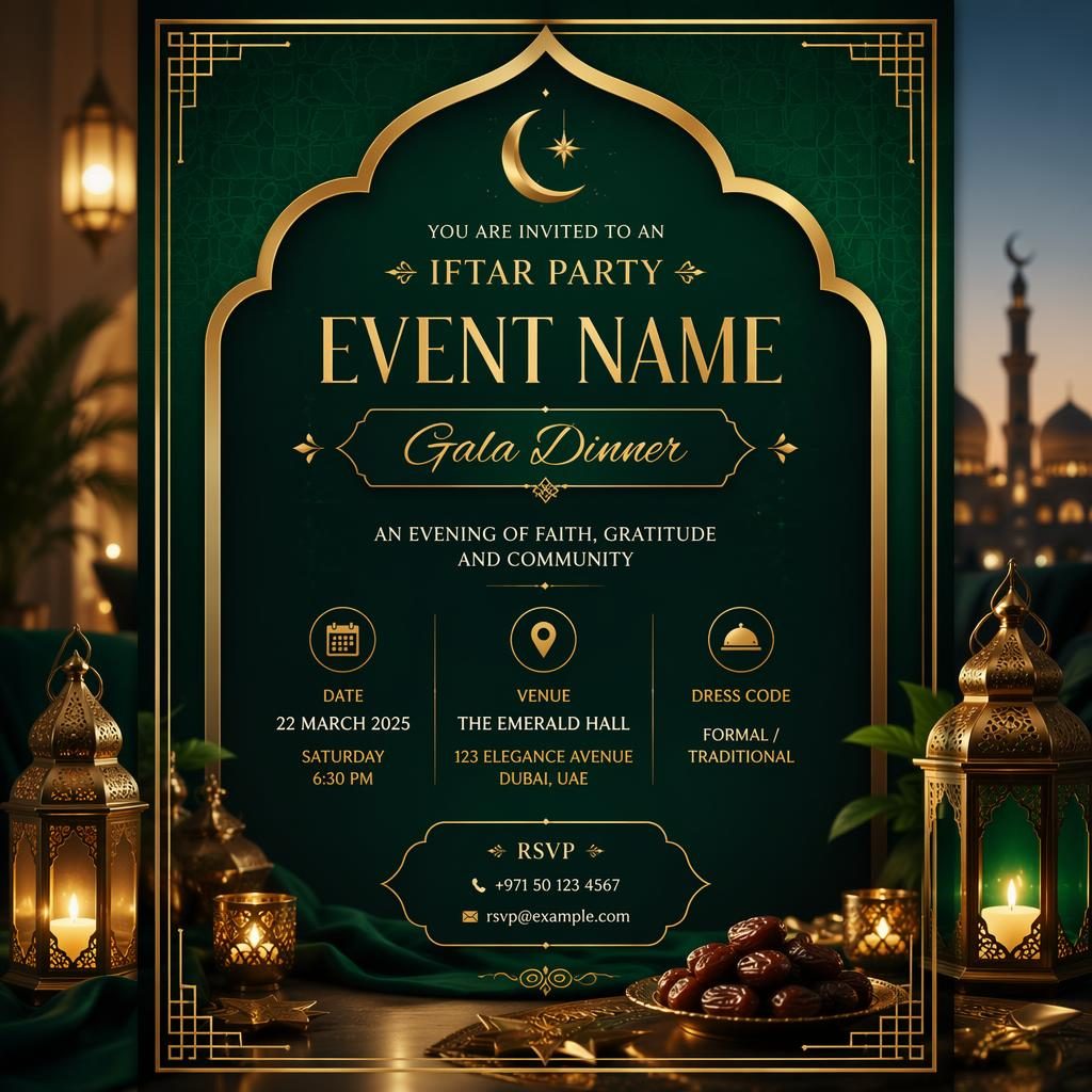 A5 portrait iftar gala dinner invitation card in emerald and gold art deco style with elegant placeholder details.