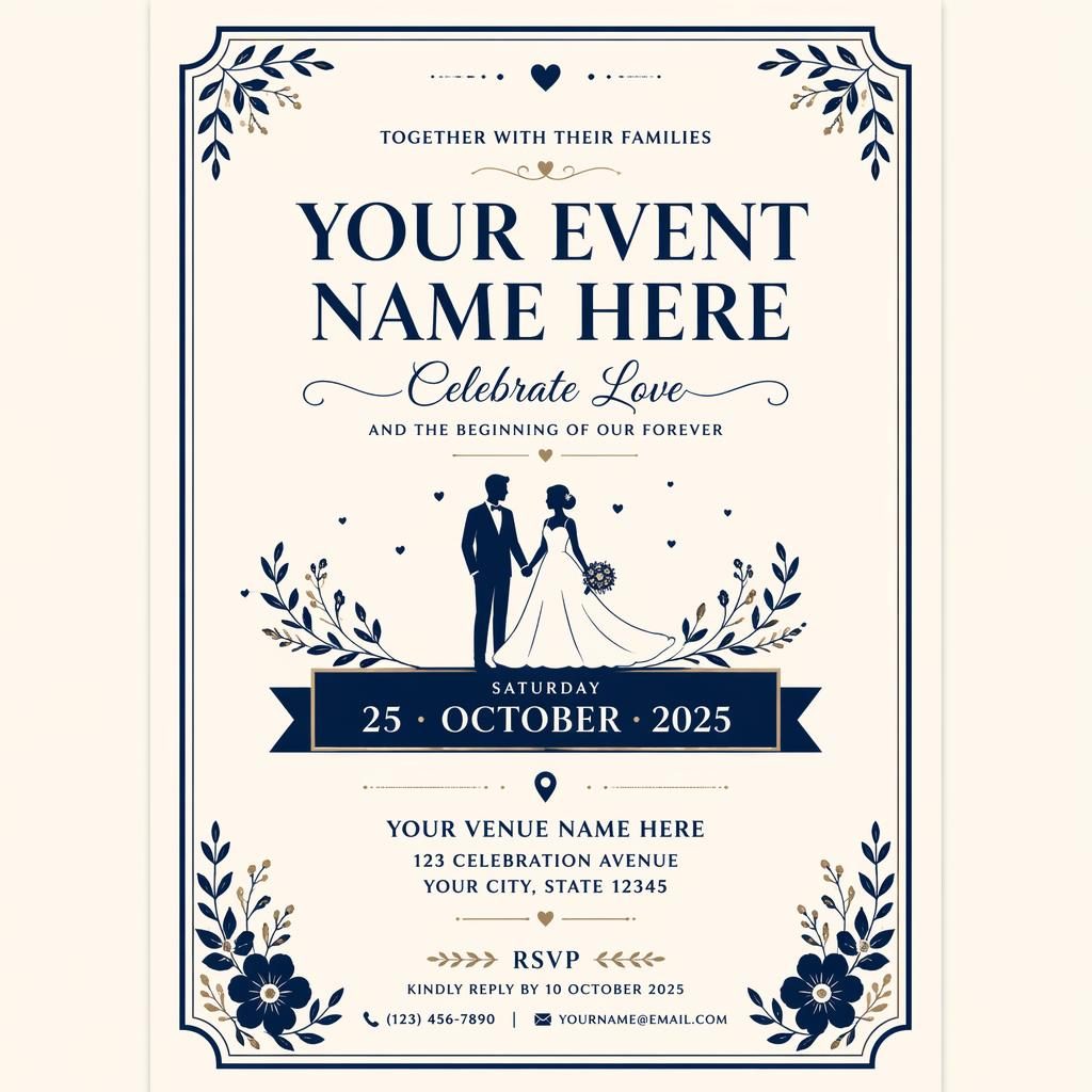 A5 portrait event invitation card in cream and navy with elegant placeholder typography, playful contemporary framing.
