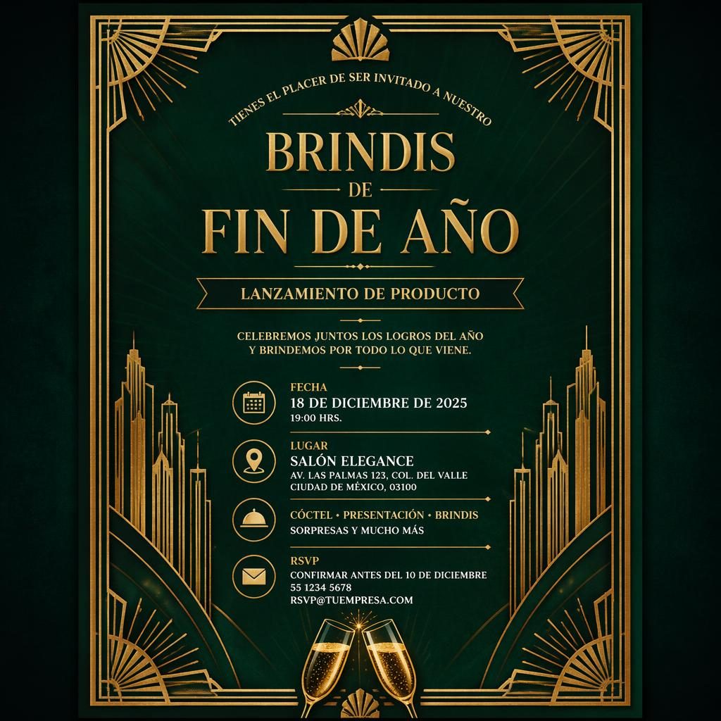 Tarjeta A5 vertical vintage clásica en esmeralda y dorado, con tipografía elegante y datos de evento legibles.