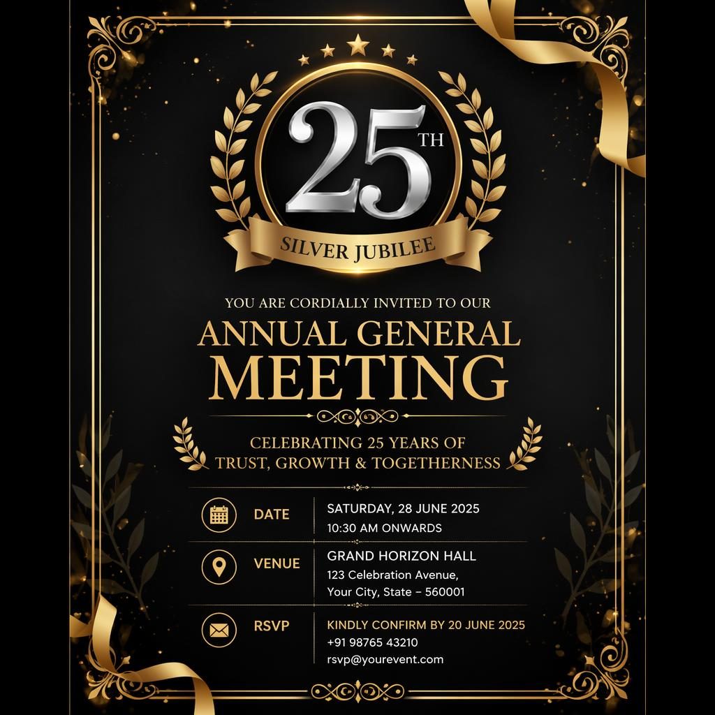 A5 portrait invitation card in black and gold with festive luxury frame and elegant placeholder text for event name, date, venue, and RSVP.