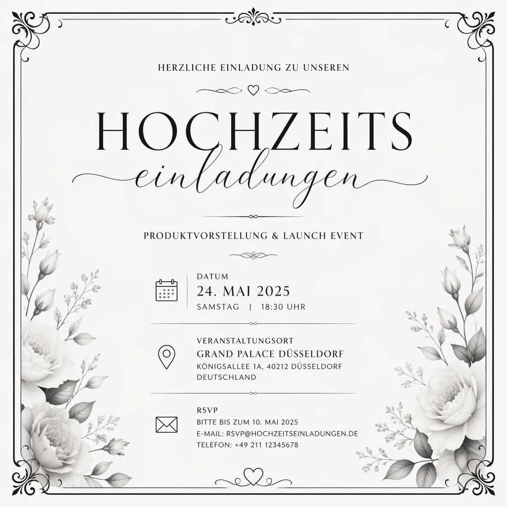 Formale A5-Einladung in Schwarz-Weiß mit eleganter Typografie für Eventname, Datum, Ort und RSVP im Hochformat