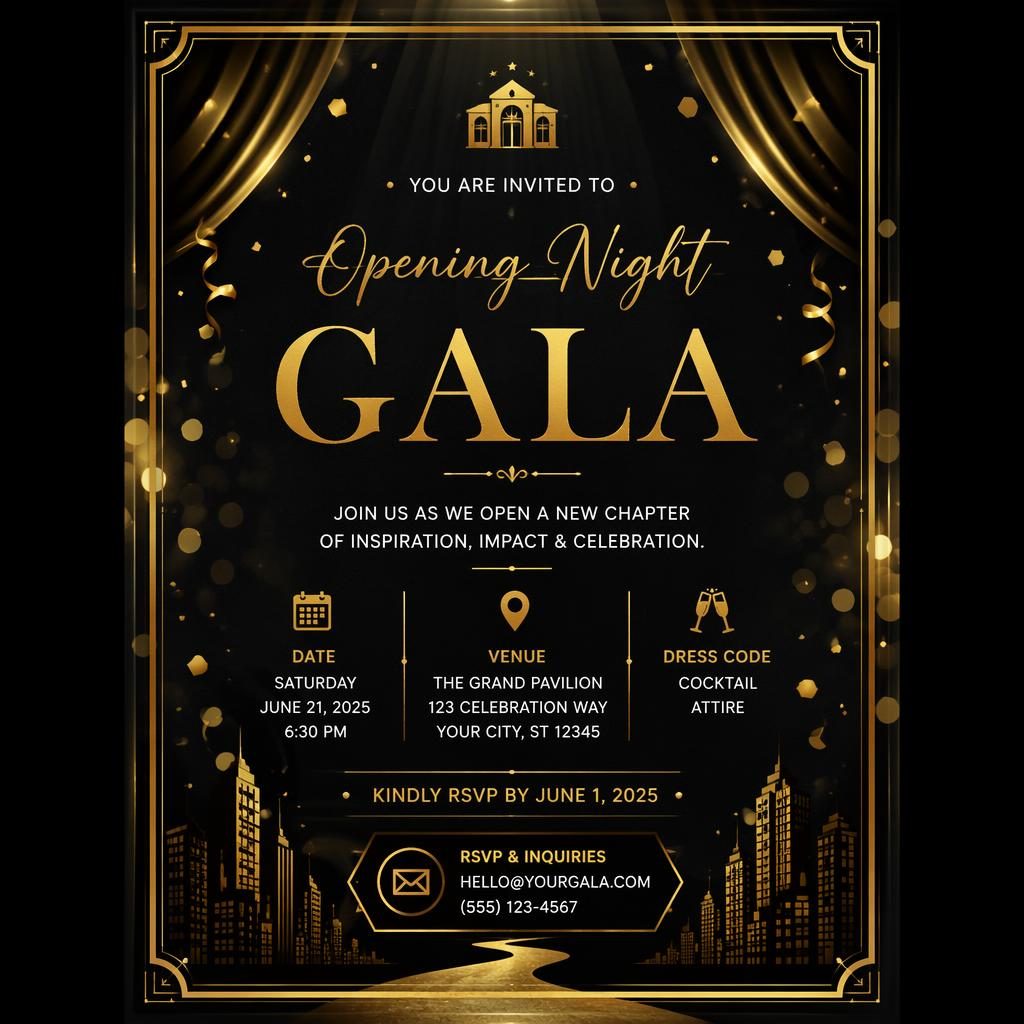 A5 portrait gala invitation card in black and gold with elegant typography for event name, date, venue, and RSVP.