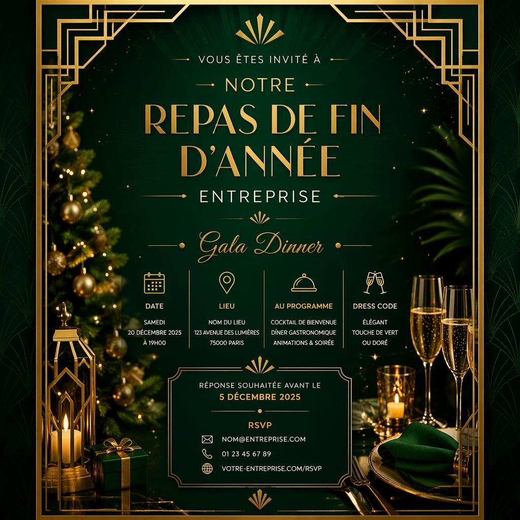 Carte d’invitation A5 portrait pour gala d’entreprise, style art déco émeraude et or, avec typographie élégante lisible.