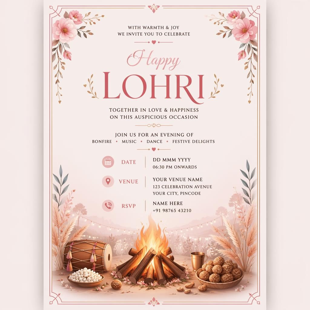 A5 portrait invitation card with pastel romantic framing and elegant typography for event name, date, venue, and RSVP.