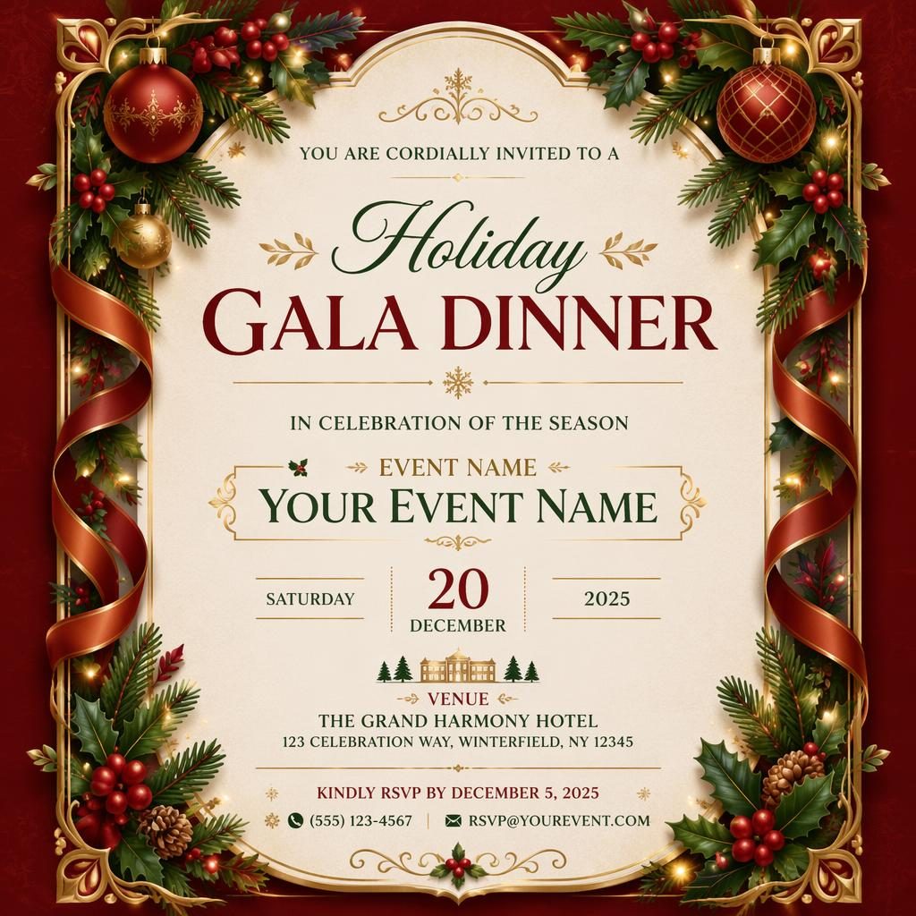 A5 portrait gala dinner invitation card in festive red and green with elegant typography for event name, date, venue, and RSVP.