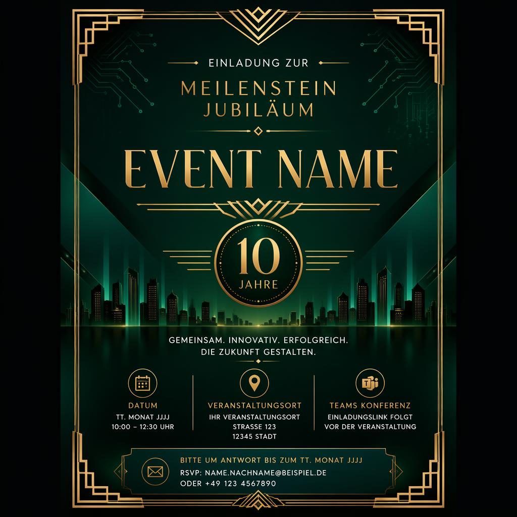 A5-Einladungskarte im Hochformat in Smaragd und Gold, mit eleganter Typografie für Eventname, Datum, Venue und RSVP.