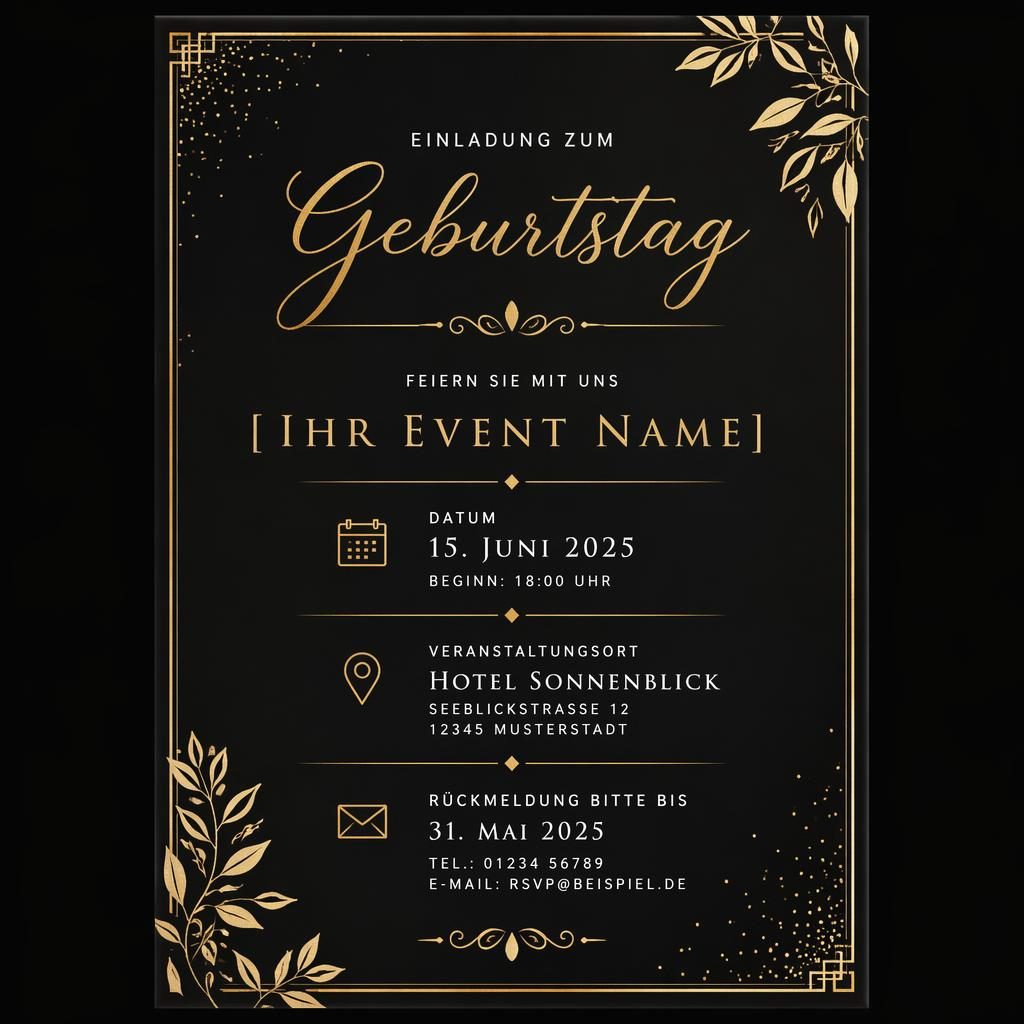 Moderne A5-Einladungskarte in Schwarz und Gold mit eleganter Typografie, Rahmen sowie Platzhaltern für Datum, Ort und RSVP.
