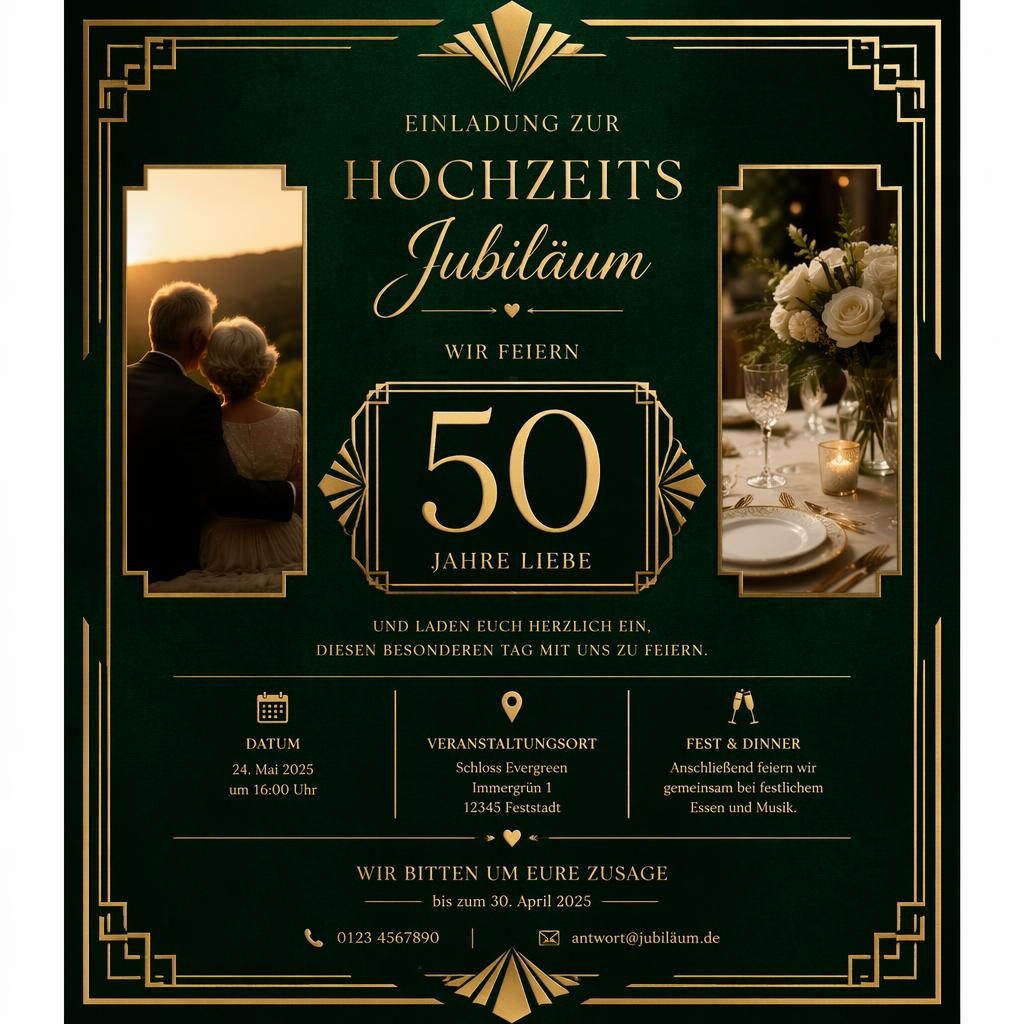 Elegante A5-Einladungskarte im Art-Déco-Stil in Smaragd und Gold mit Platzhaltern für Name, Datum, Ort und RSVP.