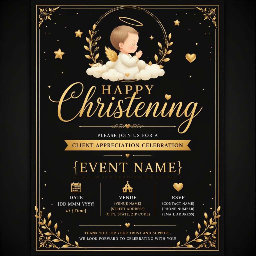 A5 portrait invitation card with black and gold playful contemporary design and elegant placeholder event details