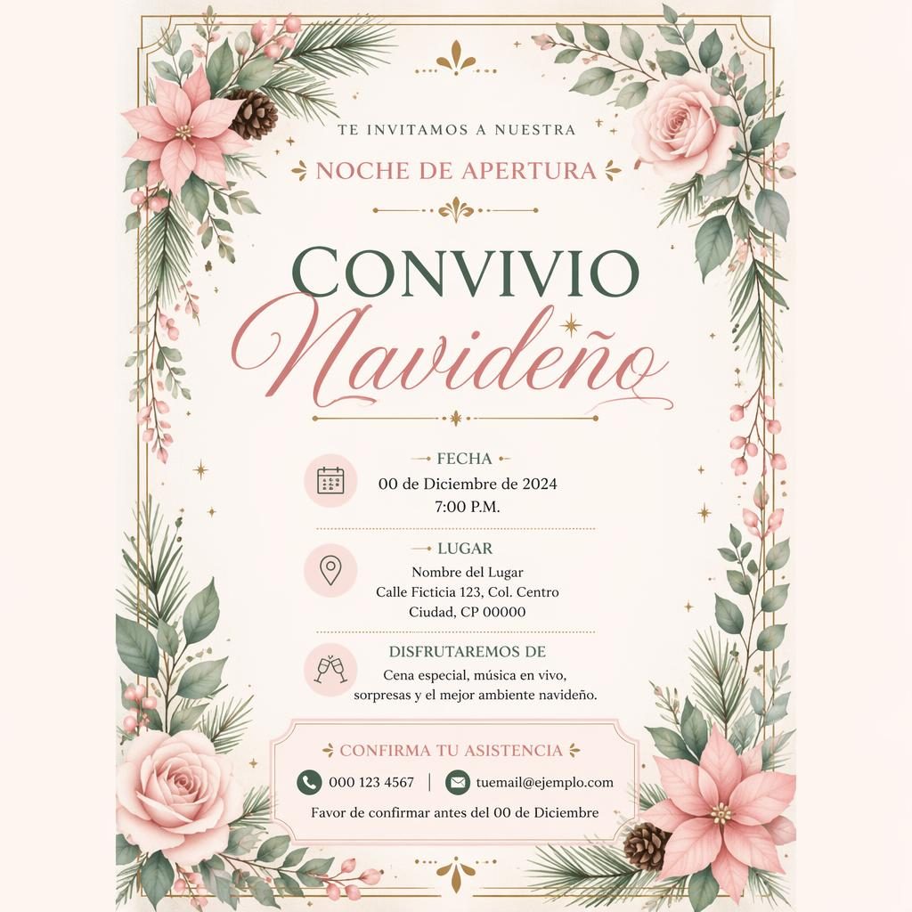 Tarjeta de invitación navideña A5 en vertical con ilustración botánica pastel, marco elegante y tipografía refinada.