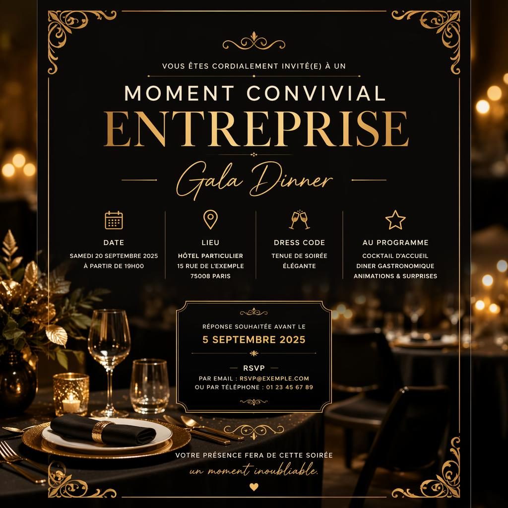Carte d’invitation gala en format A5 portrait, noir et or, typographie élégante avec nom, date, lieu et RSVP lisibles.