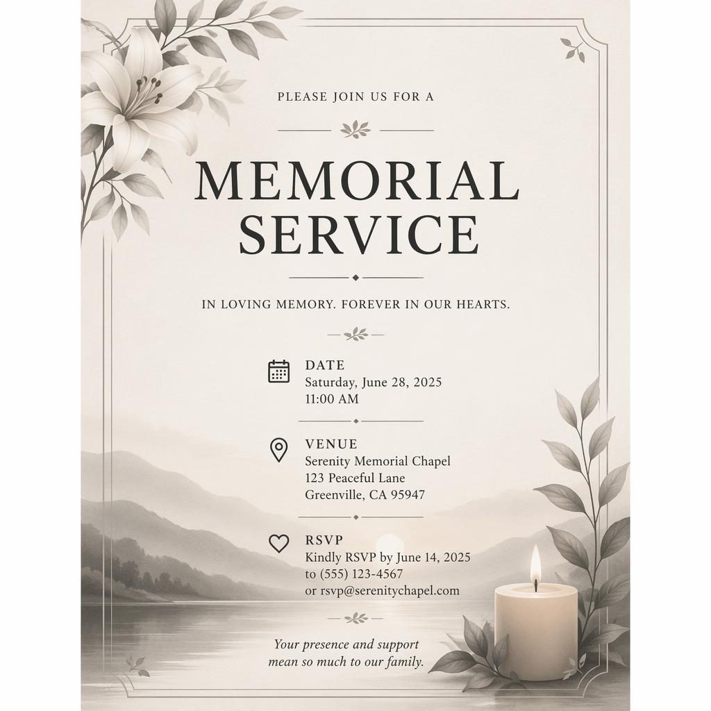 A5 portrait event invitation card with elegant placeholder typography, warm boutique styling, monochrome palette, and framed layout.