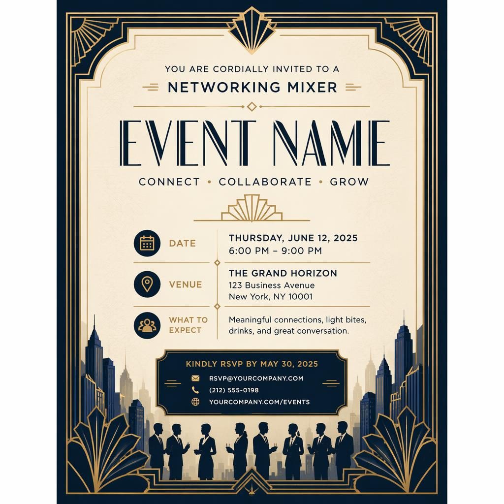 A5 portrait corporate event invitation card in cream and navy with art deco framing and elegant placeholder typography.