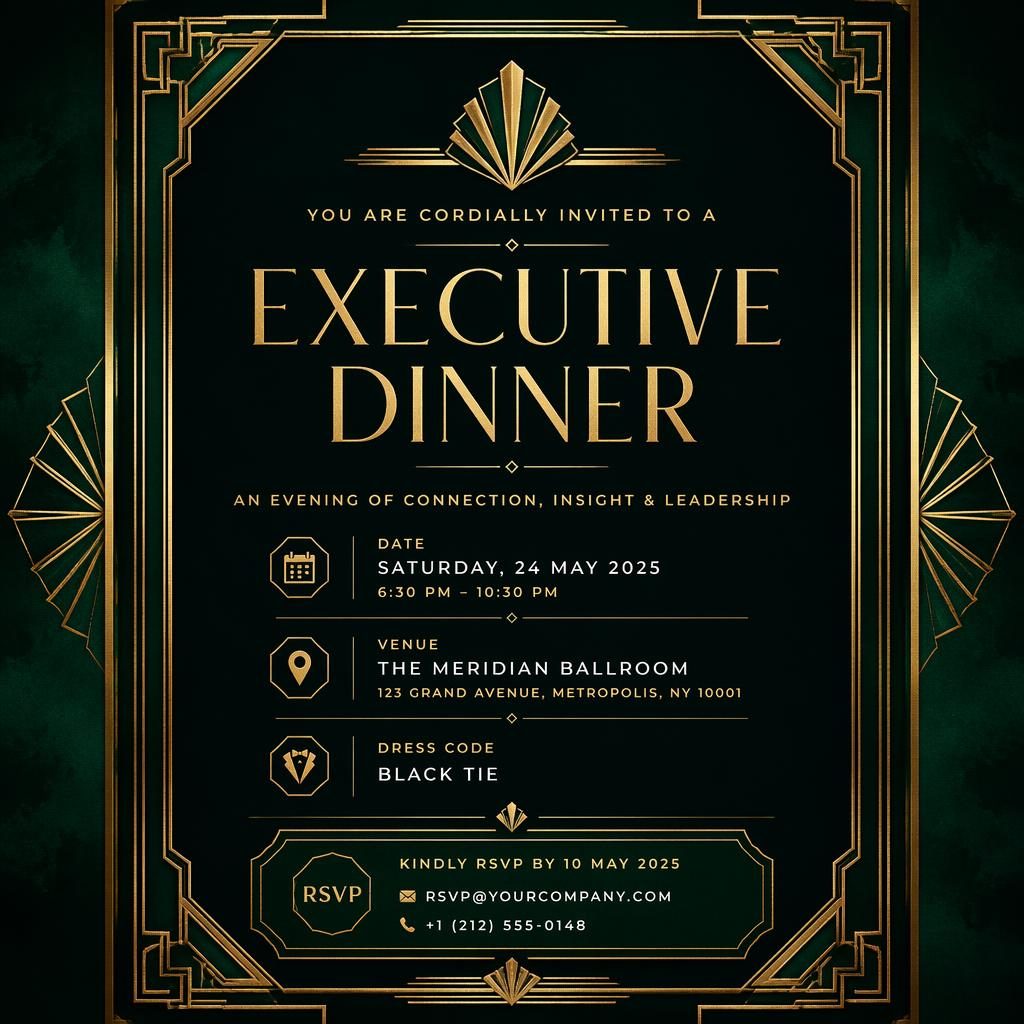 A5 portrait executive dinner invitation card in emerald and gold art deco style with elegant placeholder event details.