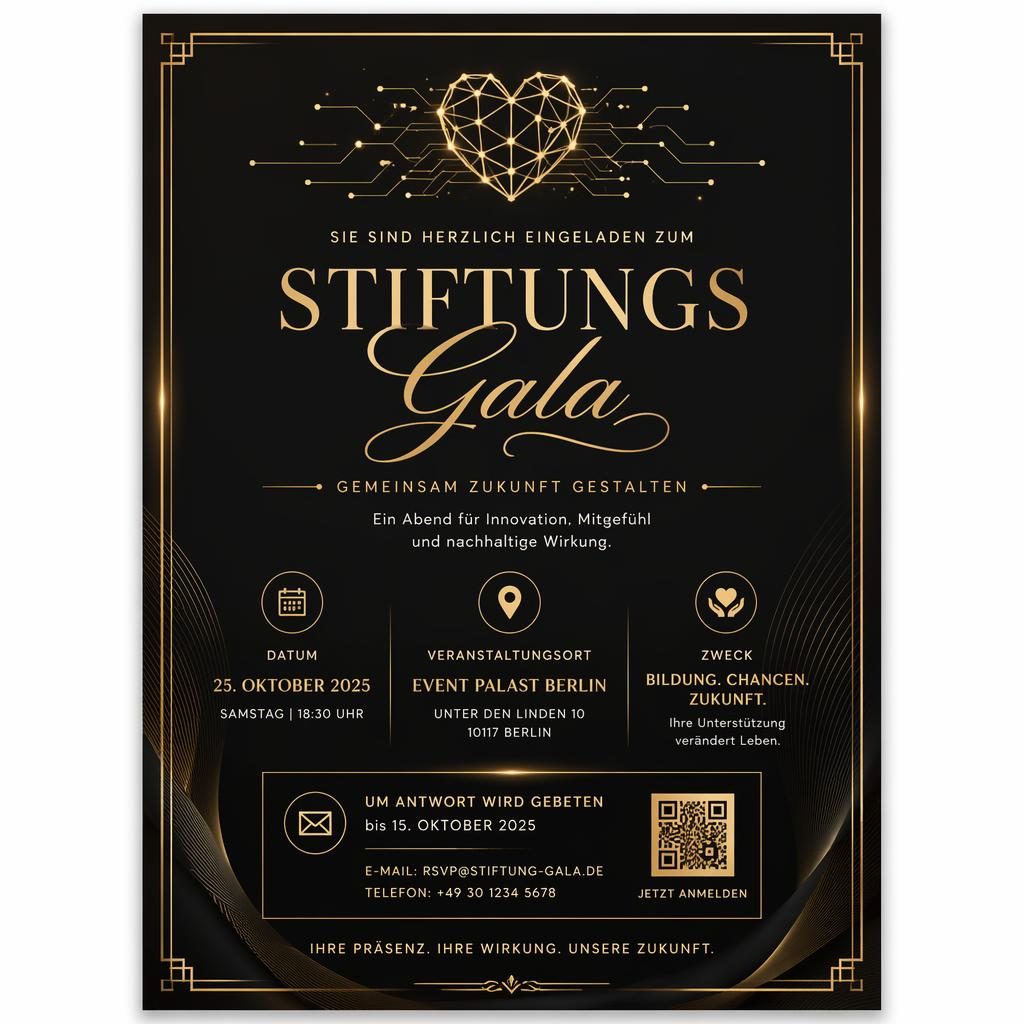 A5 Einladungskarte im Hochformat in Schwarz und Gold mit eleganter Typografie für Name, Datum, Ort und RSVP